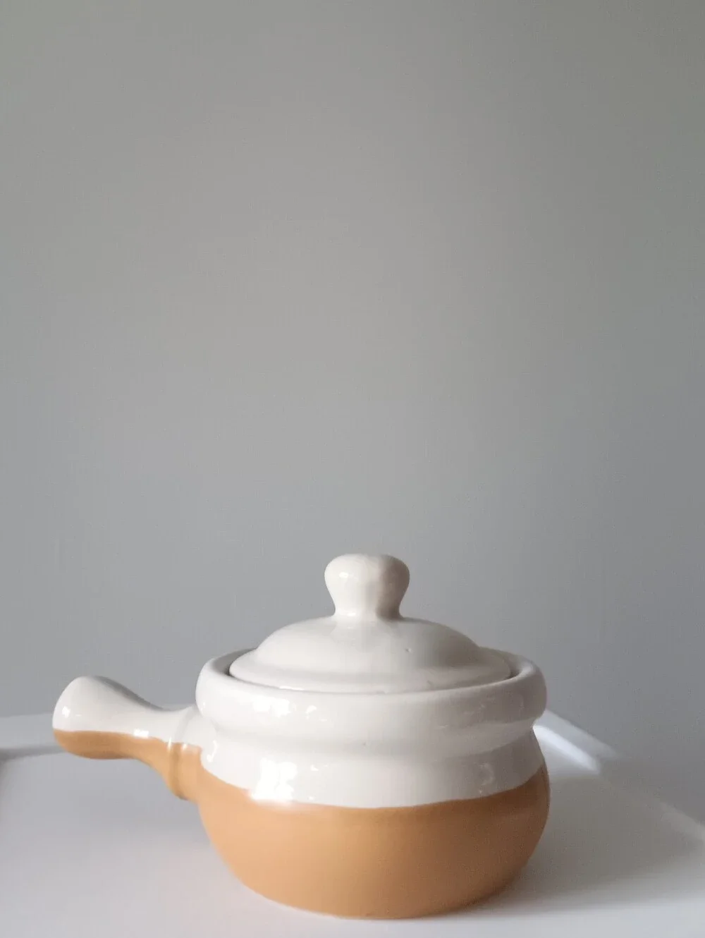 Vintage Handled Ceramic Crock French Onion Soup Bowl & Lid Bakeware Tan White